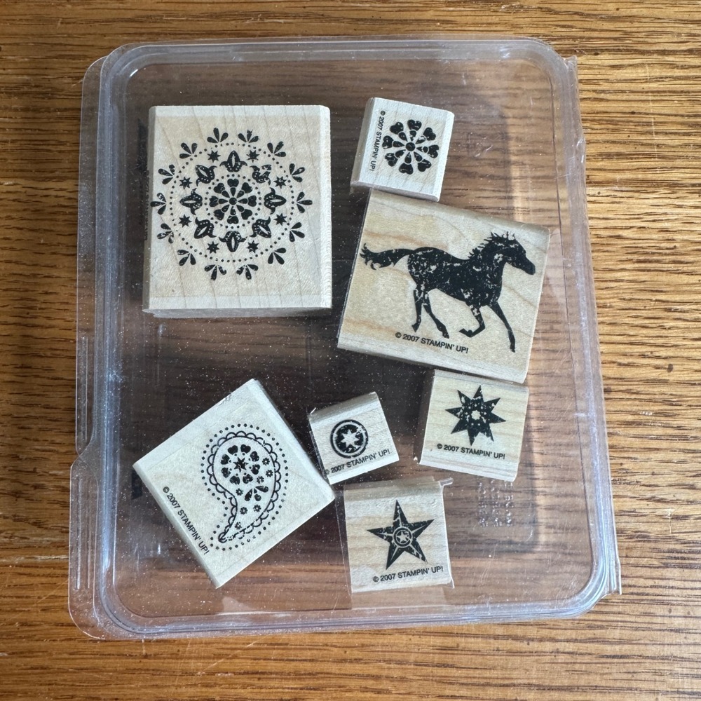 Stampin Up Wanted Wood Block Rubber Stamp Set 2007 Horse Paisley‎ Star 8 Piece